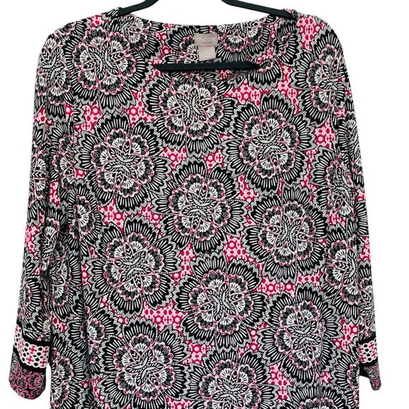 Chico's 3 Shift Dress Womens 16/18 Pink Black Floral Geometric Long Sleeve Art - Picture 3 of 7